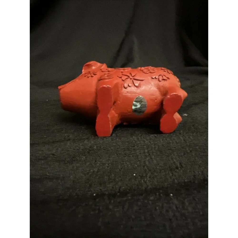 Red Little Pig Floral Carvings Cute Smile 2.25 In Tall X 3.25 Long